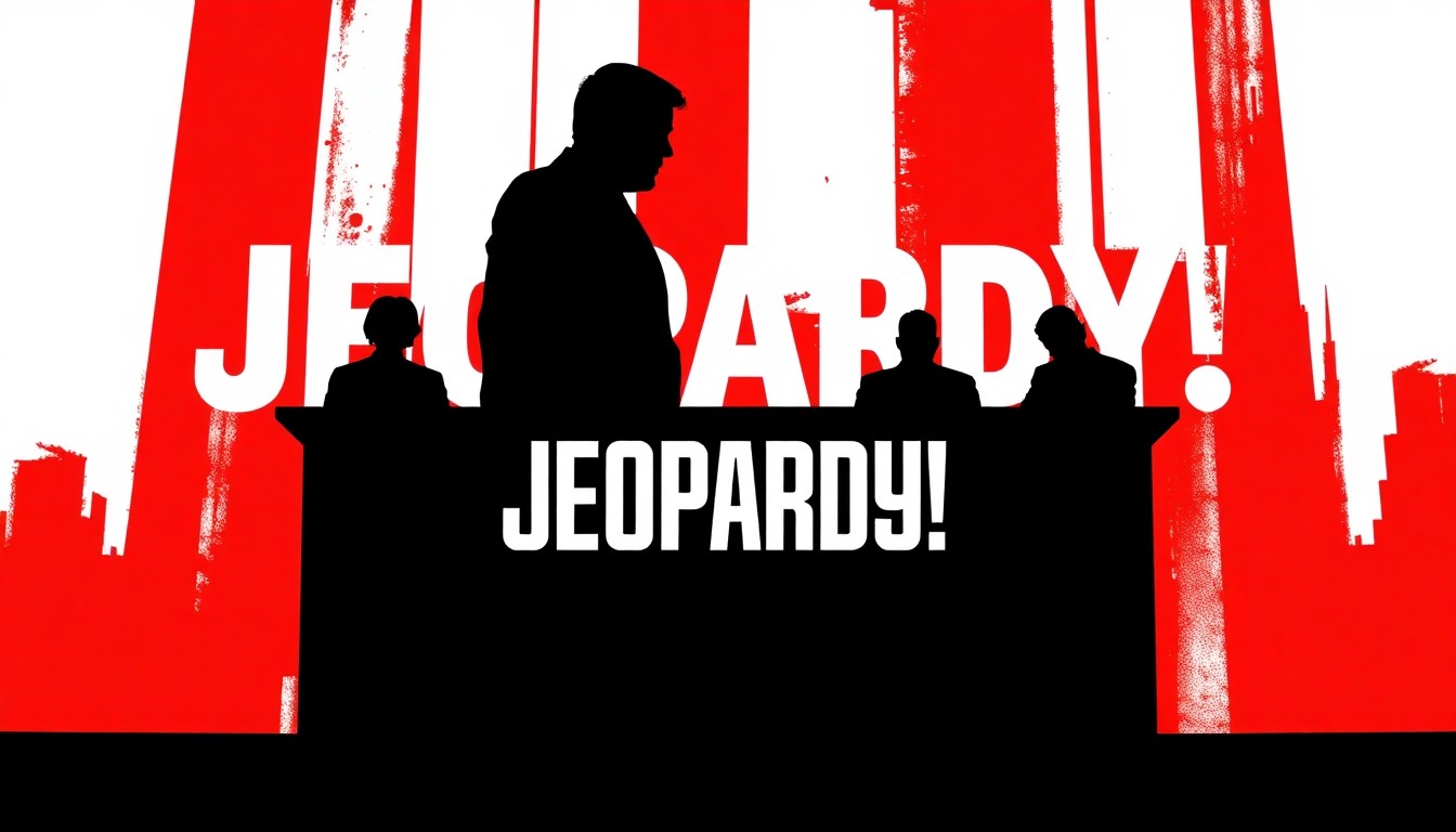An extreme graphic composition of jagged black silhouettes and bold red and white shapes, conceptually representing the high-stakes drama of a 'Jeopardy!' game show episode.