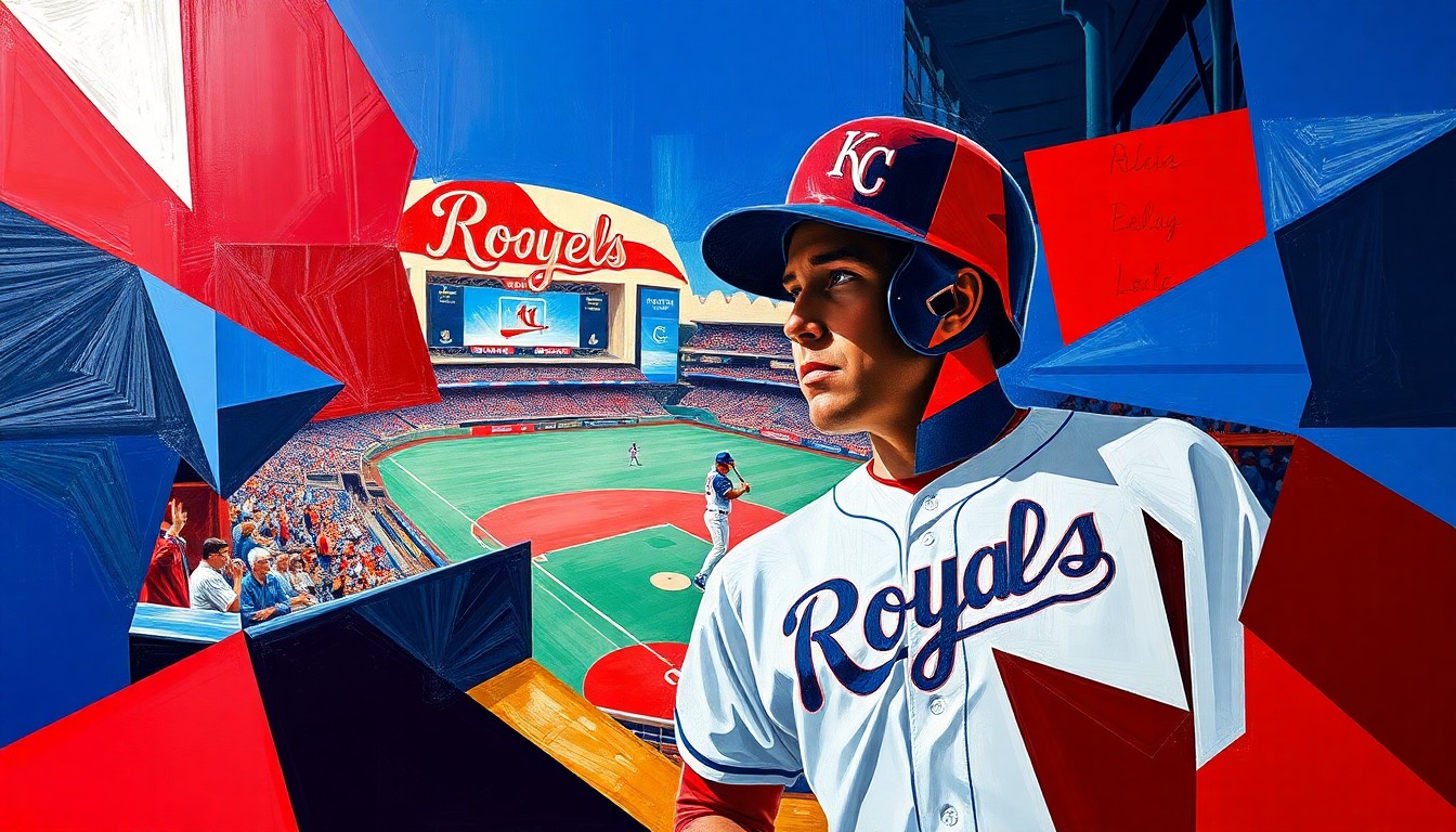 A fragmented, geometric painting in shades of red, blue, and white, depicting a baseball player or game scene in the style of Pablo Picasso's cubist art, conveying the energy and identity of the Kansas City Royals' new uniform design.