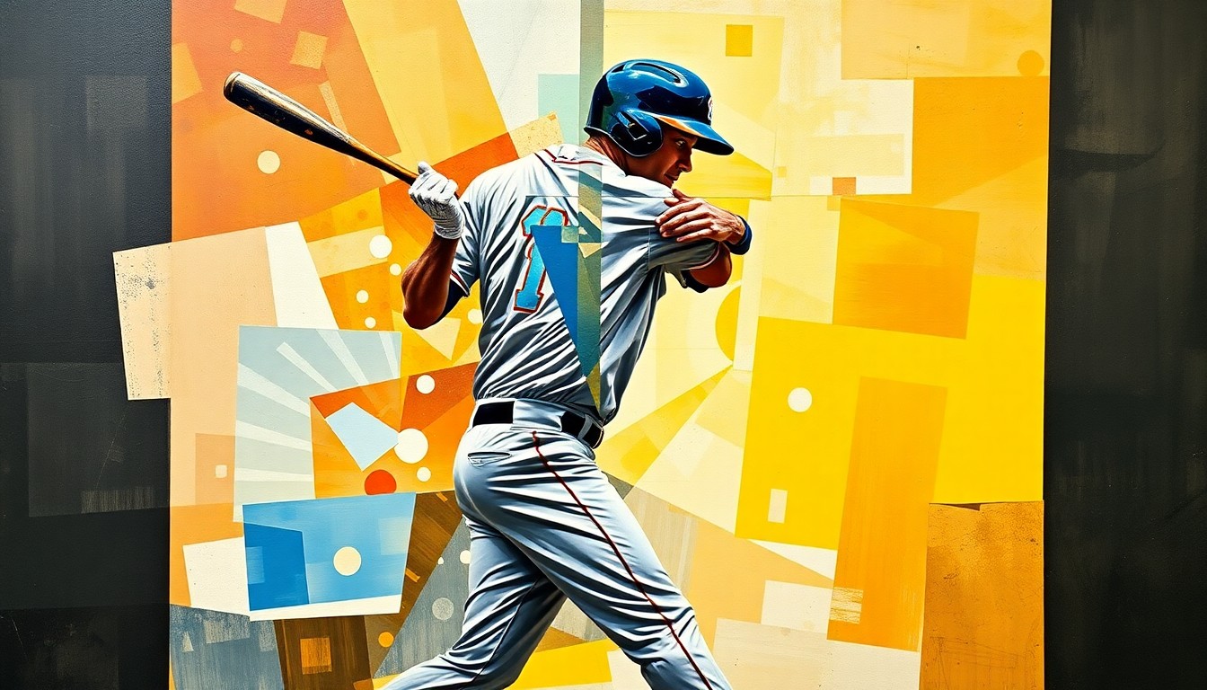 A fragmented, geometric painting depicting a baseball player in mid-swing, the ball soaring through the air, conceptually representing the energy and dynamism of a home run.