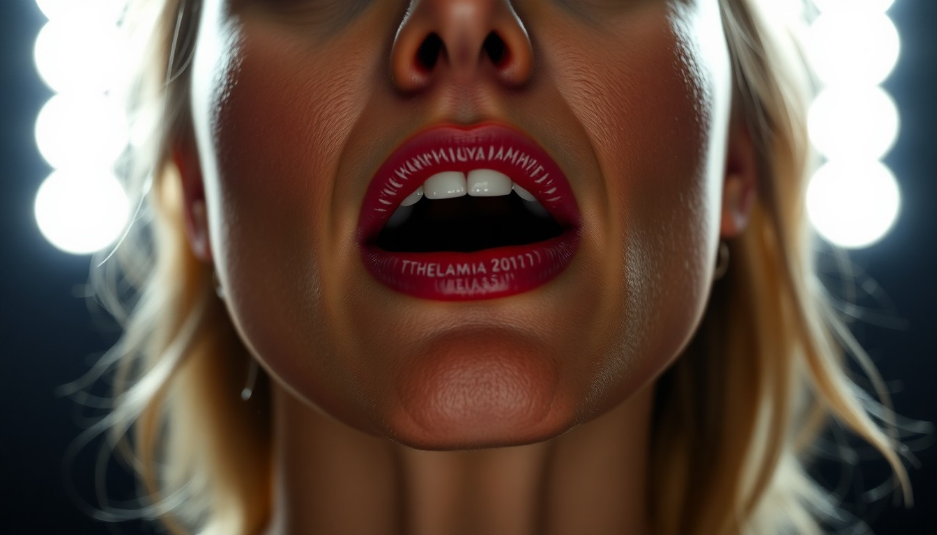 An extreme close-up photograph of LeAnn Rimes' face, capturing the intricate textures and contours of her jaw and facial features in dramatic, high-contrast studio lighting, conveying the intensity of the jaw release procedure.