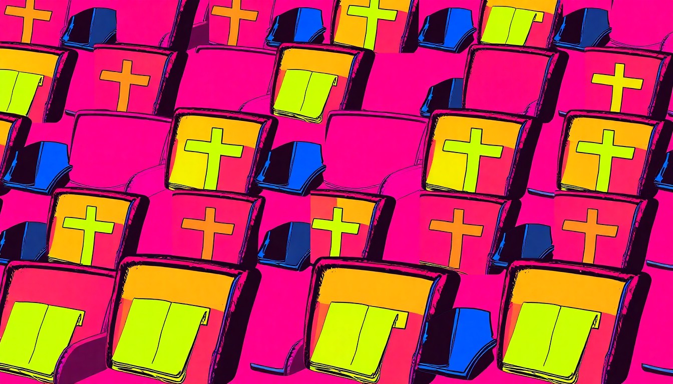 A brightly colored, high-contrast silkscreen print of a single, iconic Christian cross symbol repeated in a tight grid pattern, utilizing flat, vibrant neon color palettes and heavy black outlines to transform the religious icon into a modern pop art piece.