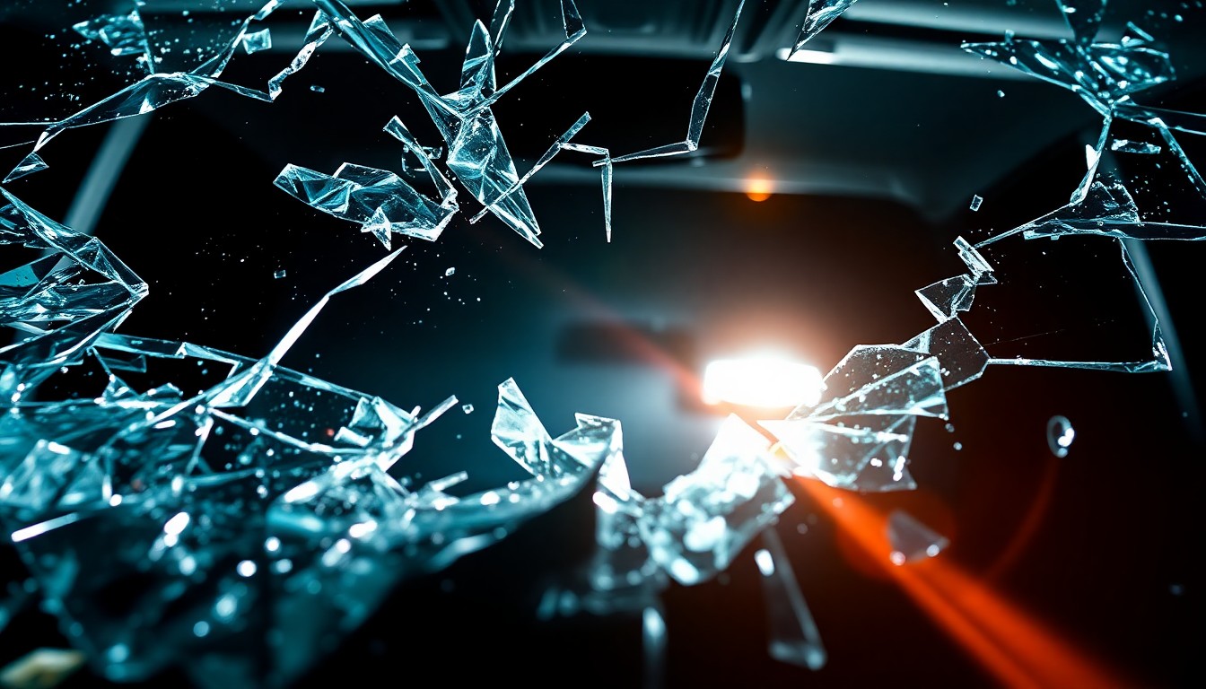 An extreme close-up of a shattered car windshield reflecting a harsh camera flash, conceptually illustrating the aftermath of a high-speed, wrong-way DUI crash.