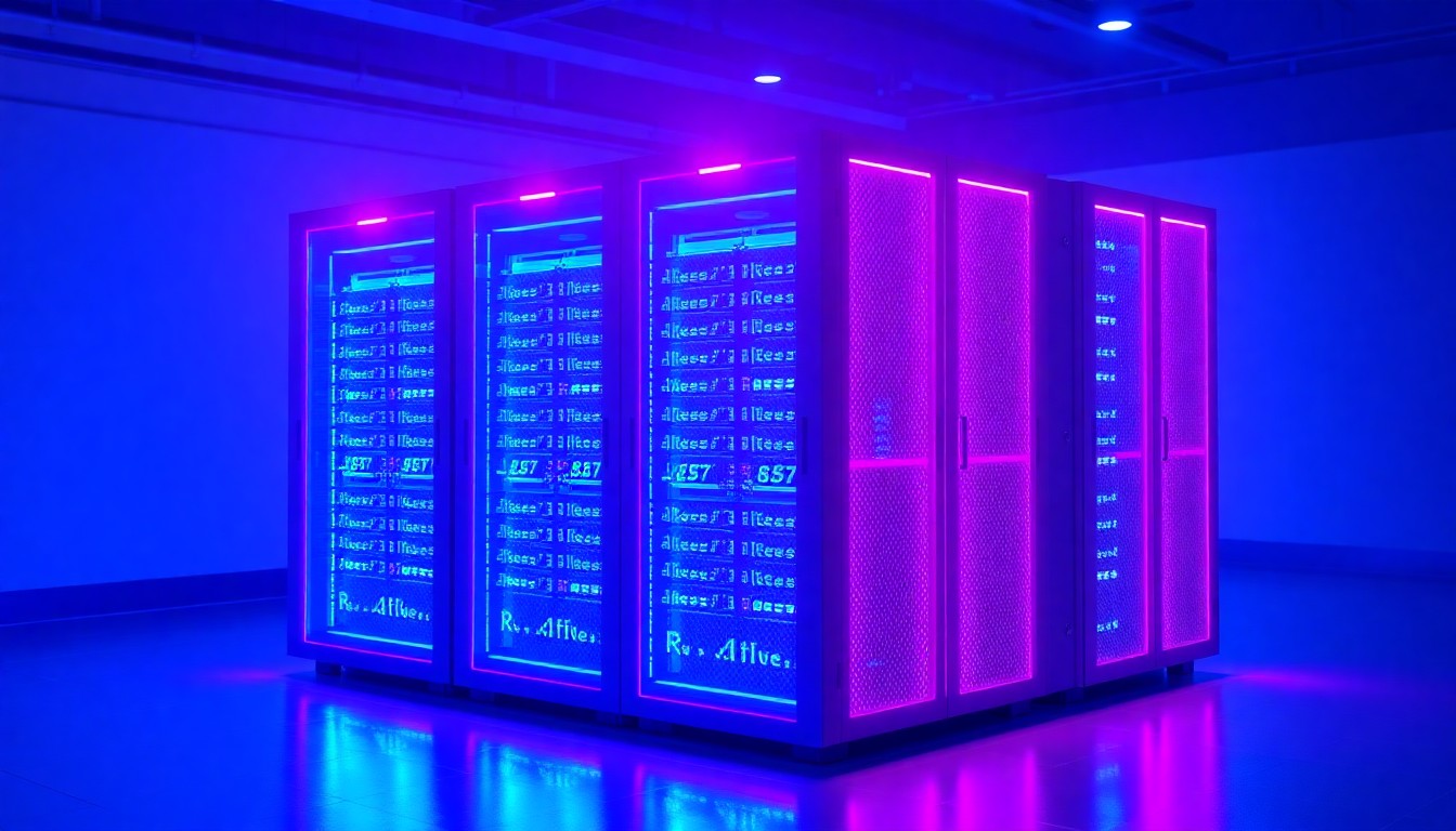 A highly detailed, glowing 3D illustration of a modular data center unit with pulsing neon blue and magenta lights, conceptually representing the integration of cloud computing and edge technology for mission-critical applications.