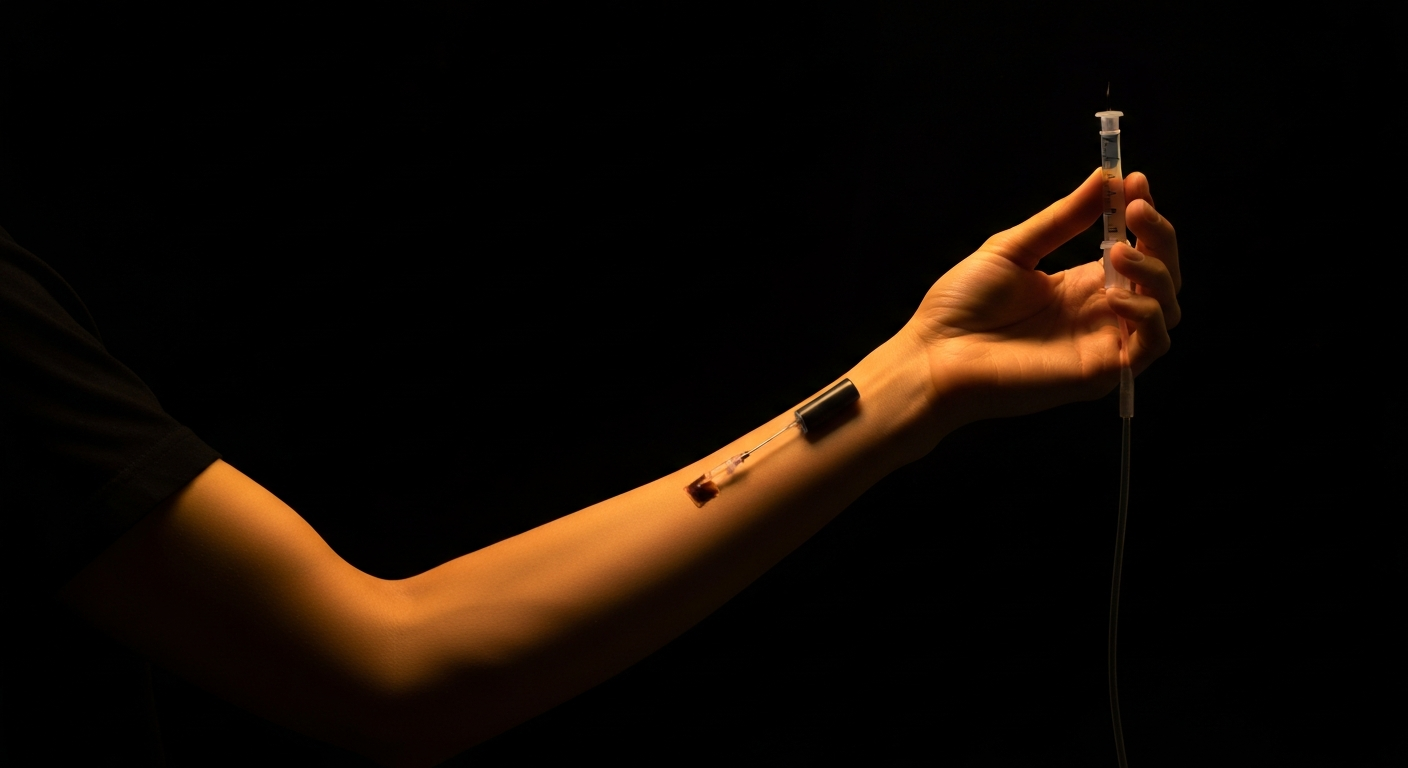 A vibrant neon outline of a human arm with a blood donation needle, conceptually representing the life-saving impact of blood donations.