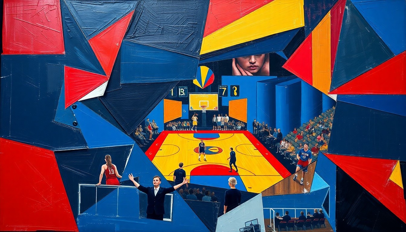 A fragmented, cubist-style painting depicting the energy and intensity of a women's basketball game, with sharp geometric shapes in navy, red, and gold representing the players and action on the court.