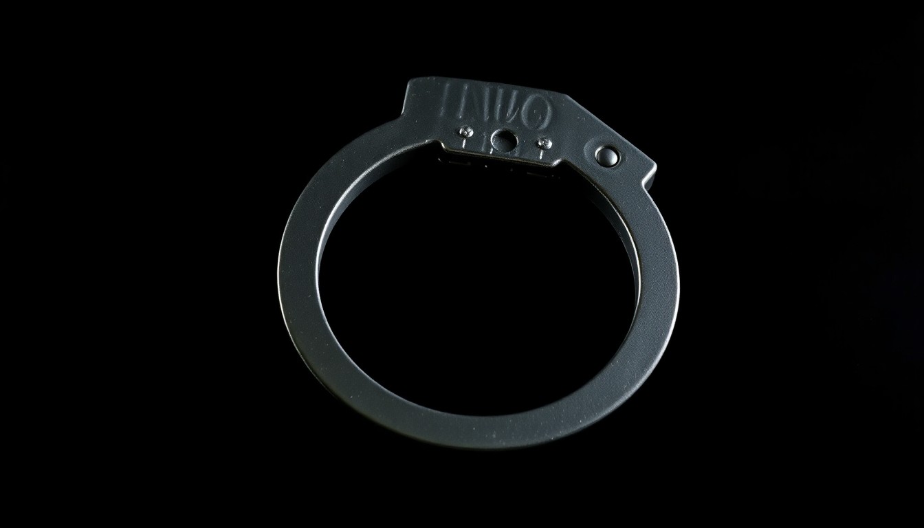 An extreme close-up photograph of a single handcuff against a pitch-black background, the metal texture and reflective surface creating a stark, gritty, investigative aesthetic that conceptually represents the serious and somber mood of a crime story without depicting any violence.