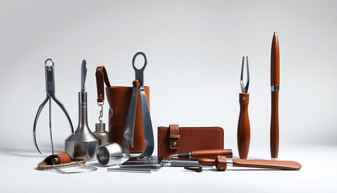 A high-end, photorealistic studio still-life photograph featuring a collection of polished, geometric metal and leather objects representing the tools and equipment used in livestock farming and breeding, arranged elegantly on a clean, monochromatic background to convey a sense of precision, quality, and financial sophistication.