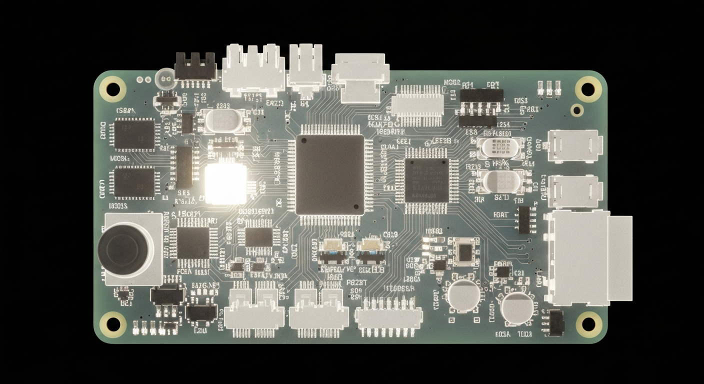 A ghostly, translucent X-ray photograph revealing the internal components of a Raspberry Pi computer board, conceptually representing the technology powering the new AI Health Buddy platform.