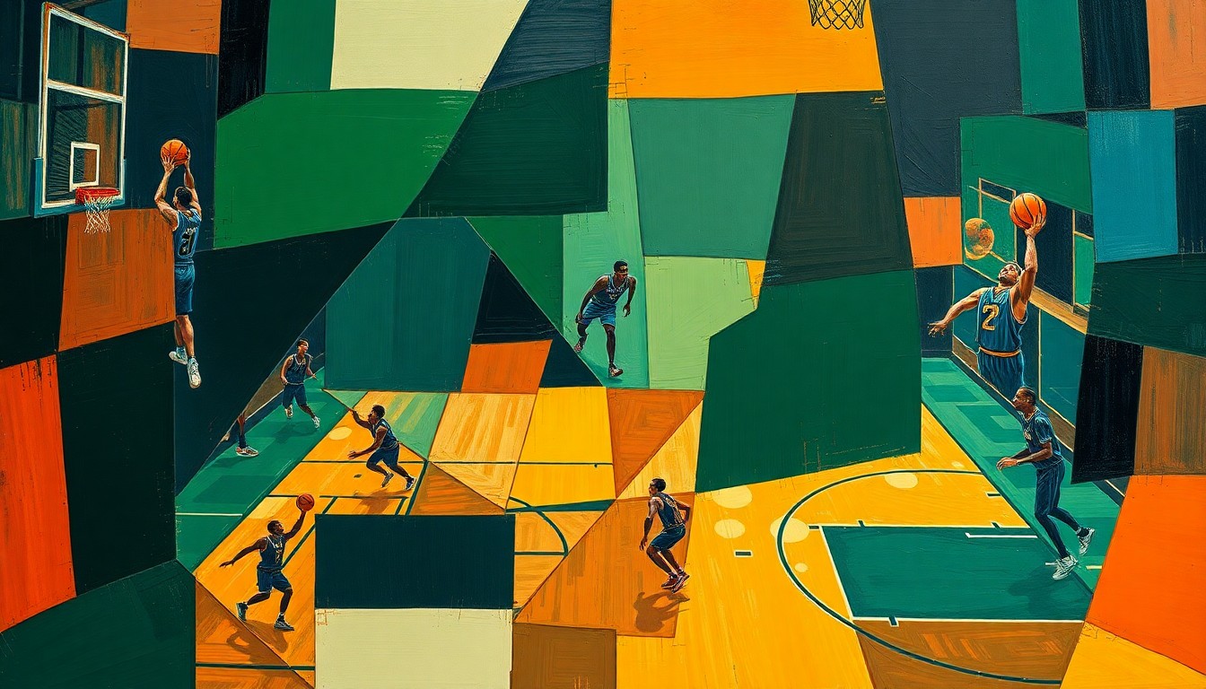 A fragmented, geometric painting depicting the basketball court and players in an abstract, multi-angled style, using a palette of deep navy, forest green, and burnt orange to capture the essence of the discussion around the NBA's all-time greats.