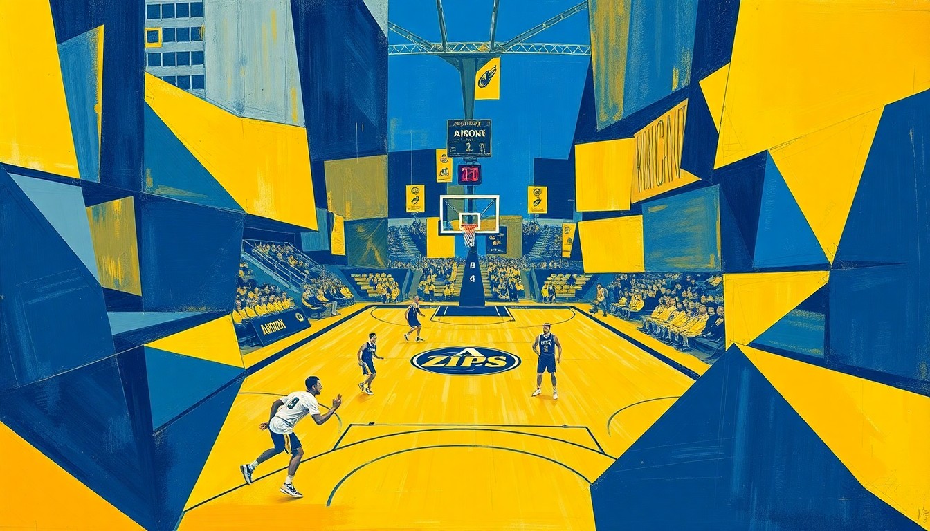 A cubist, geometric painting featuring overlapping planes of blue and gold, conceptually representing the transition and change within the Akron Zips basketball program.