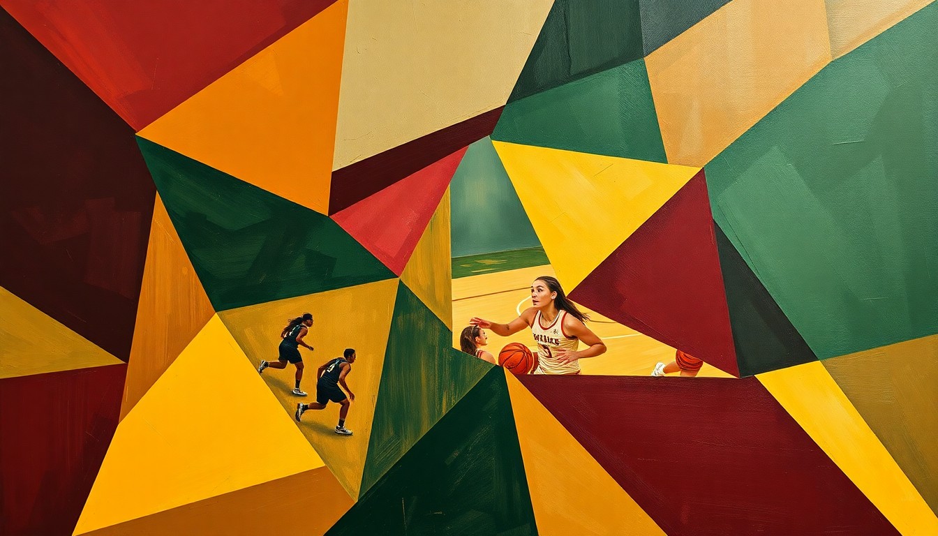 A cubist, geometric painting depicting the fragmented movements and perspectives of a women's basketball game, with sharp planes of burgundy, green, and yellow creating a dynamic, abstract visual representation of the sport.