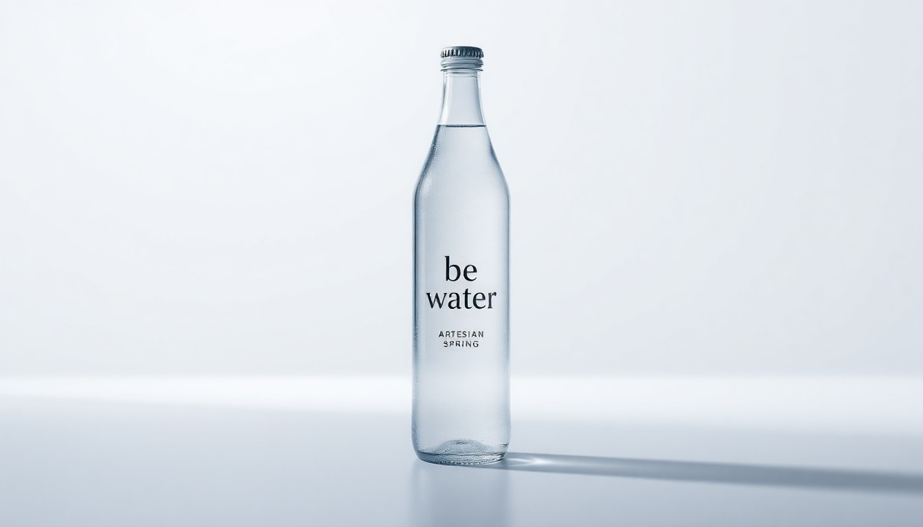 A high-end, photorealistic studio still-life photograph featuring a single bottle of clear, premium artesian spring water placed elegantly on a clean, monochromatic background, conceptually representing the quality and purity of the product.