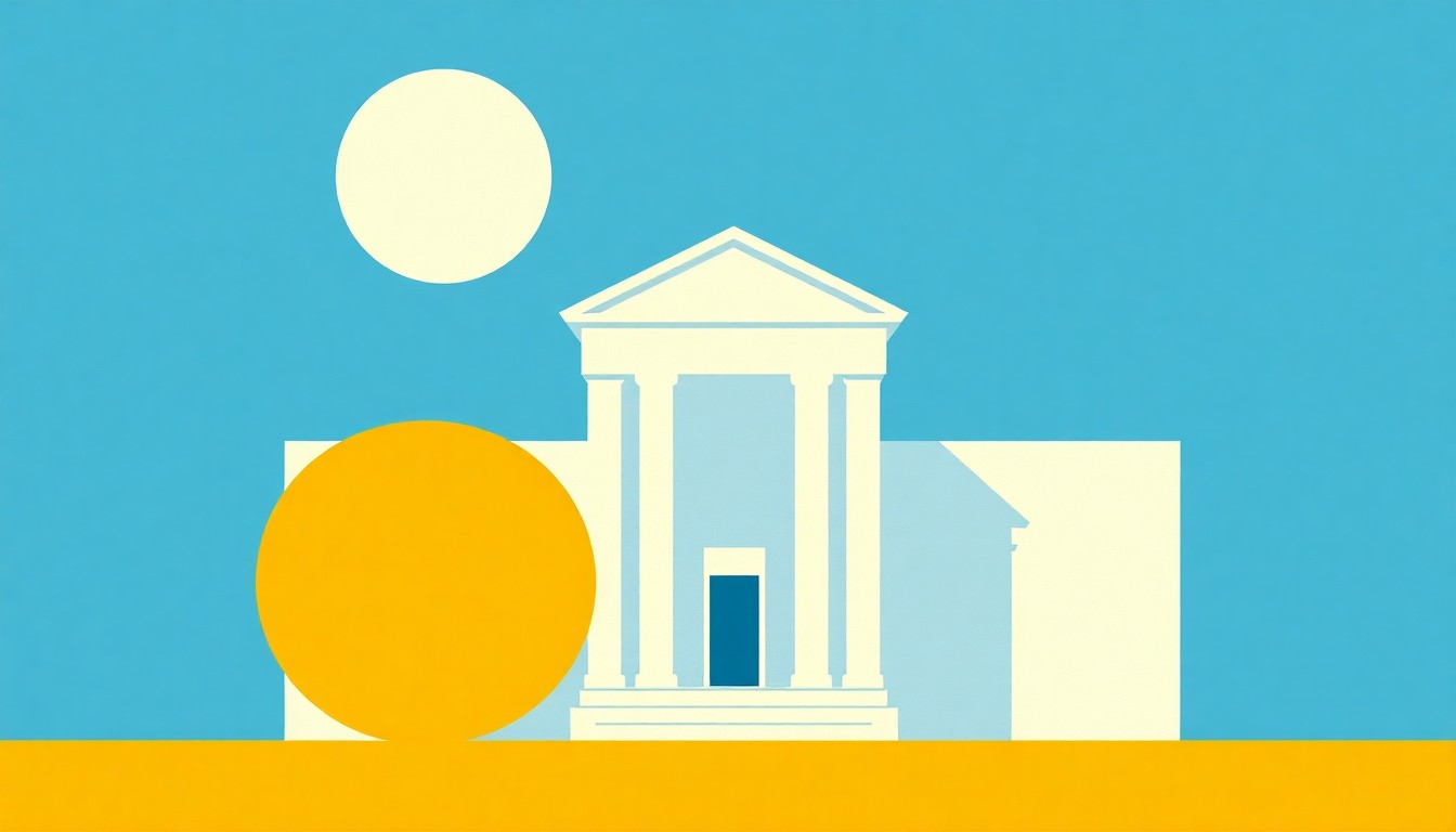 A geometric abstract illustration in primary colors of overlapping triangles and circles, conceptually representing the Federal Reserve's policy challenges around rising inflation expectations.