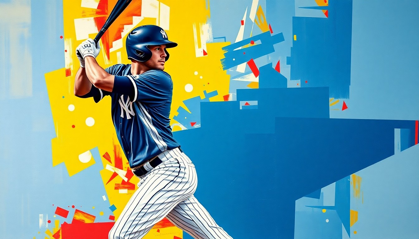 A fractured, multi-perspective painting depicting Aaron Judge's batting stance and swing broken down into sharp, overlapping geometric planes in the style of Pablo Picasso, using the vibrant colors of the New York Yankees' uniform.