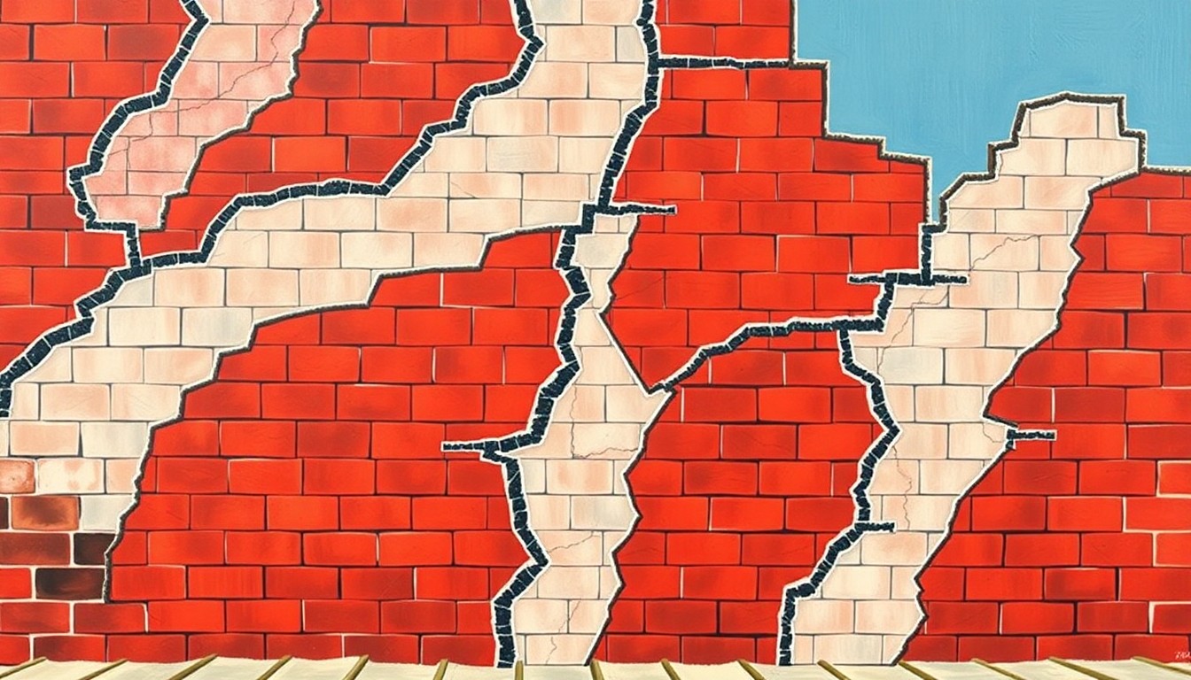 An avant-garde, overlapping geometric painting of a partially constructed red brick wall, conveying the fractured and divisive nature of the political debate around border security.