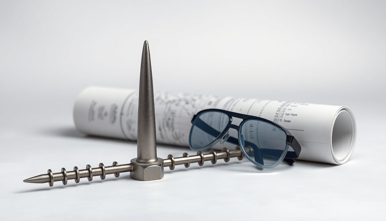 A high-end studio still life photograph featuring a polished metal railroad spike, a pair of safety goggles, and a rolled blueprint, arranged elegantly on a clean, monochromatic background to symbolize the abstract concepts of rail safety regulations and the debate over state versus federal oversight.