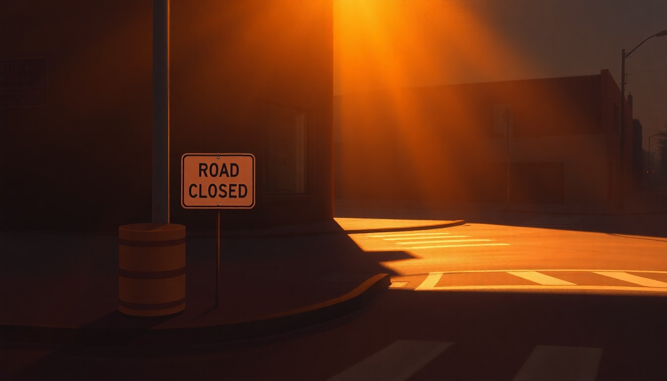 A photorealistic painting of a 'Road Closed' sign on a street corner, with the surrounding buildings and streetscape rendered in a muted, nostalgic color palette and dramatic lighting, conveying a sense of quiet unease about the potential impact on voter turnout.