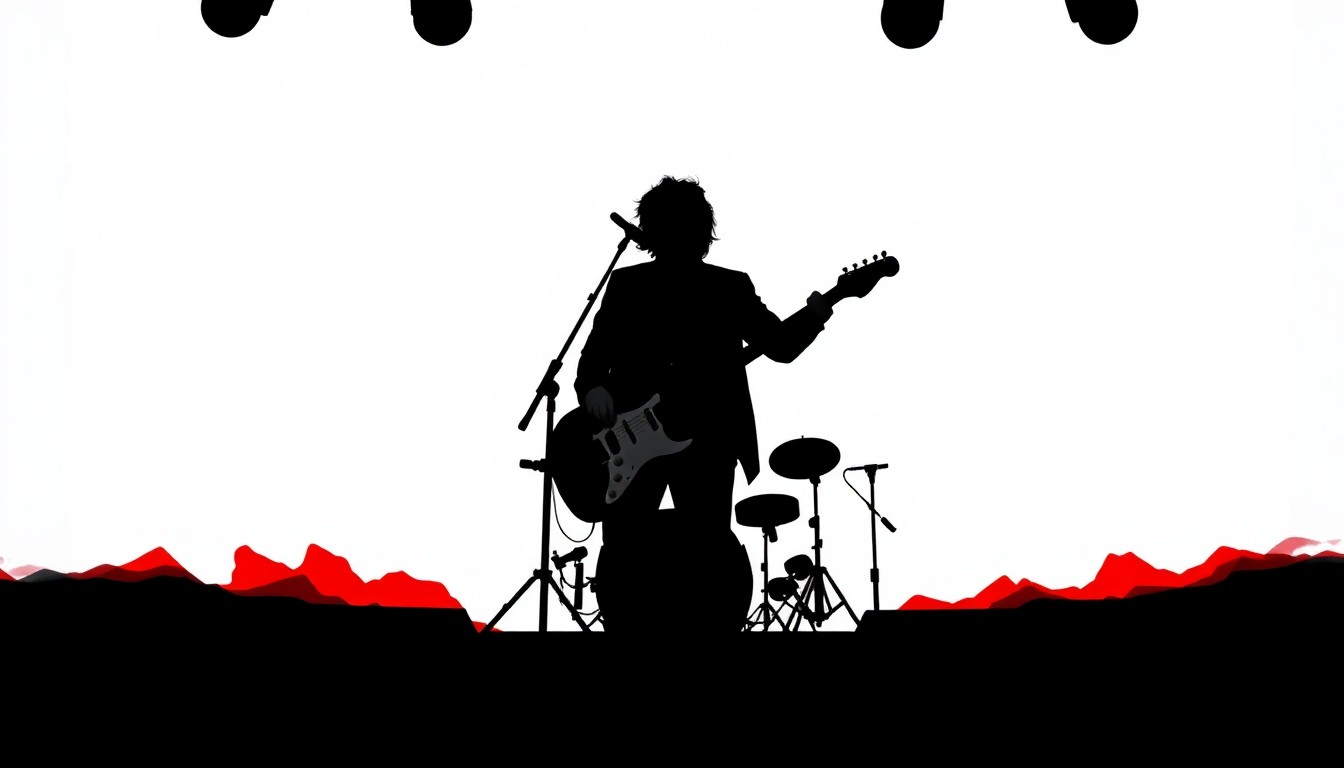An abstract illustration featuring bold, jagged black silhouettes against a bright red background, conceptually representing a live music performance.