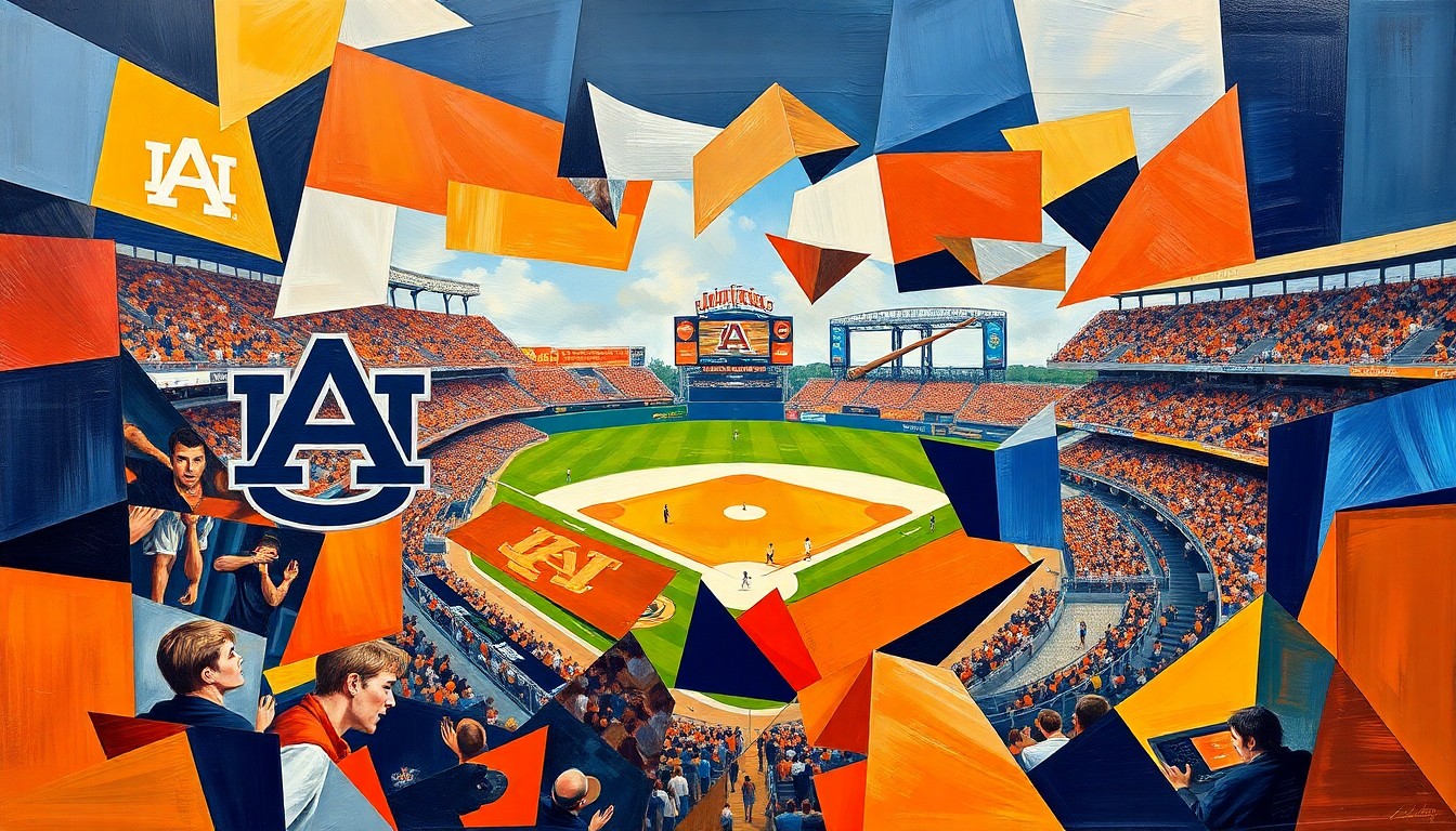 A cubist, geometric painting depicting the dynamic action of a baseball game, with overlapping shapes and planes in shades of orange, navy, and gold.