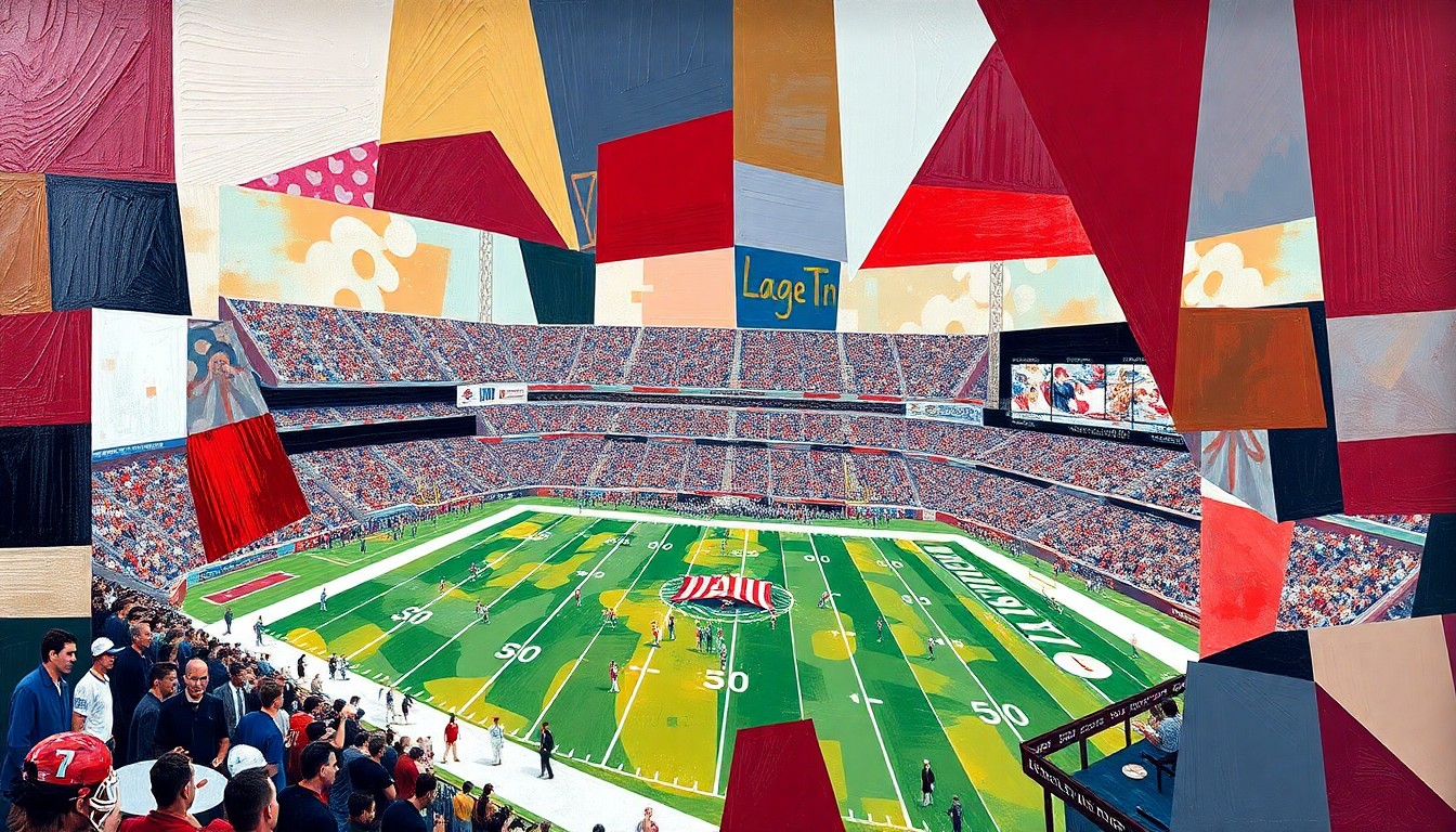 A fragmented, geometric painting depicting an Alabama football game or match, with sharp, overlapping planes of color and form capturing the dynamic energy and multi-faceted nature of the sport.