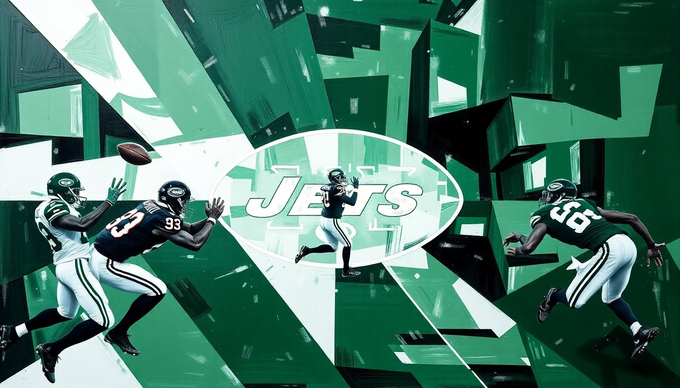 A cubist, geometric painting depicting a football player in motion, with sharp, overlapping planes of forest green, white, and black representing the New York Jets' colors.
