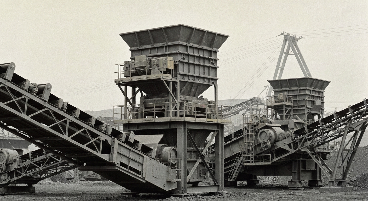 An extreme close-up of large, industrial mining equipment and machinery, conveying the physical scale and industrial nature of the mining sector without using any text or identifiable elements.