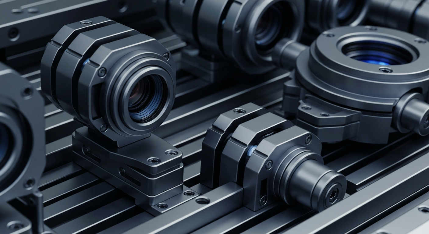 An extreme close-up of complex, interlocking optical components and machinery in shades of grey, chrome, and electric blue, conveying the advanced technology and manufacturing capabilities that drive Lumentum's business.
