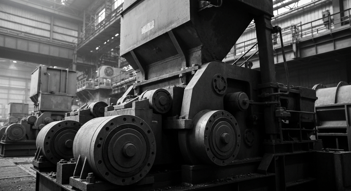 An extreme close-up of the gears, pipes, and metal components of an industrial aluminum smelting machine, conveying the heavy, mechanical nature of the company's operations.