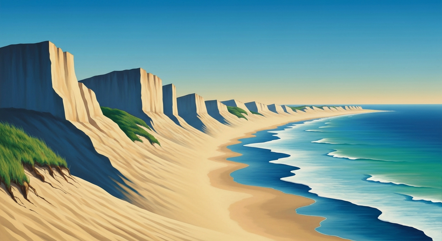 A bold, geometric illustration in the Art Deco style depicting the sweeping vistas and towering sand dunes of the Outer Banks coastline, conceptually representing the region's efforts to secure funding and resources to safeguard its critical transportation infrastructure.