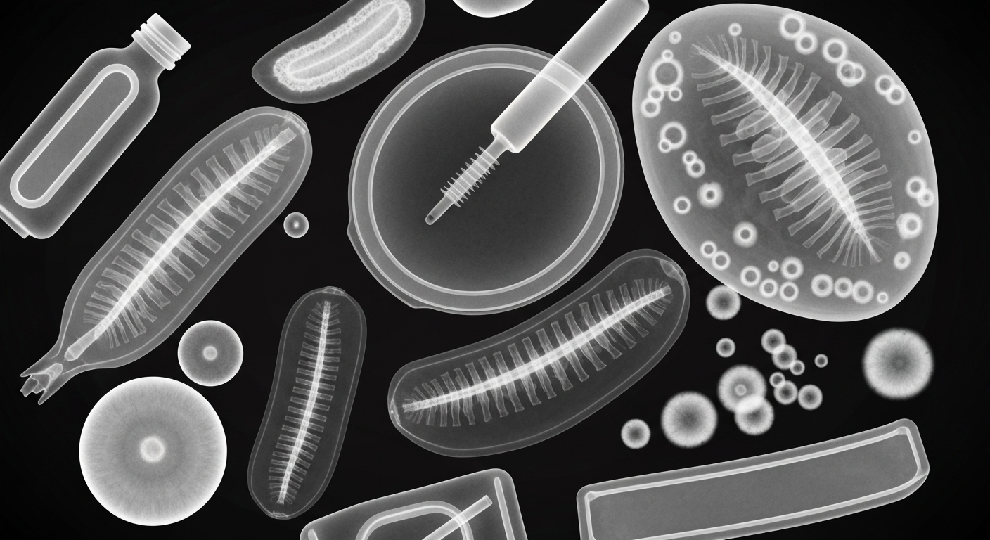 A ghostly, translucent X-ray photograph revealing the internal structure of various contaminated food items like plastic, metal, and mold, conveying the hidden dangers within the food supply.