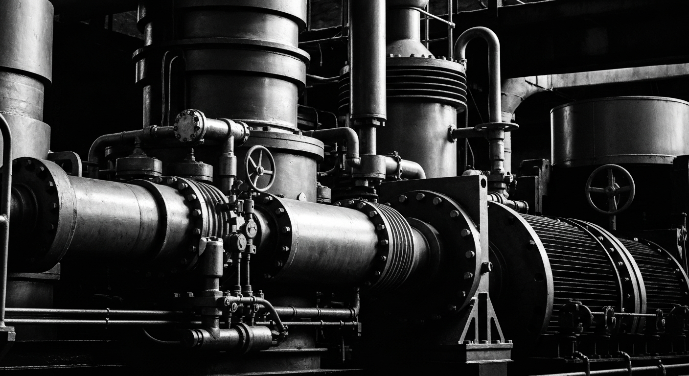 A high-contrast, black-and-white close-up image of industrial nuclear power equipment, conveying the physical, tangible nature of this technology without using any text or identifiable elements.