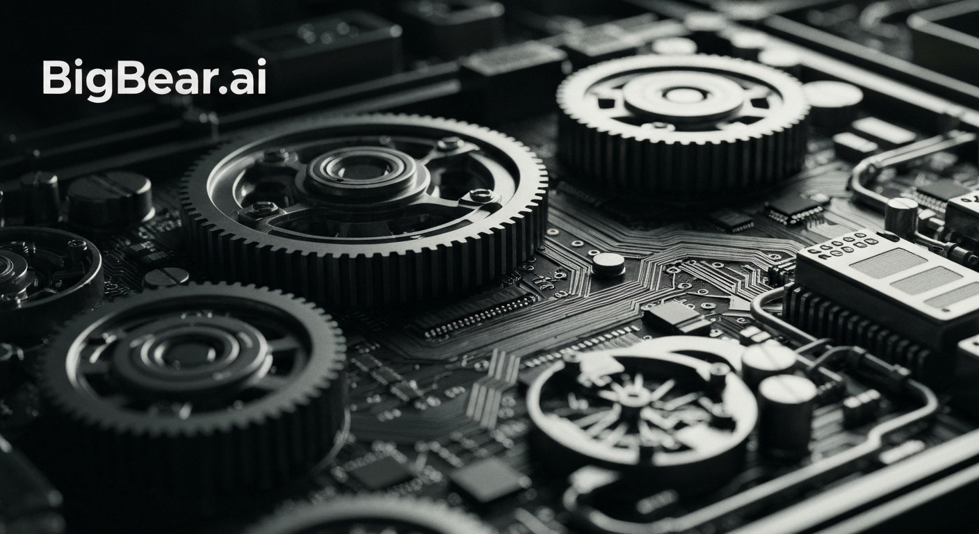 An extreme close-up of the intricate gears, circuits, and machinery that power BigBear.ai's data analytics platform, rendered in a high-contrast, industrial style that conveys the company's technological sophistication.
