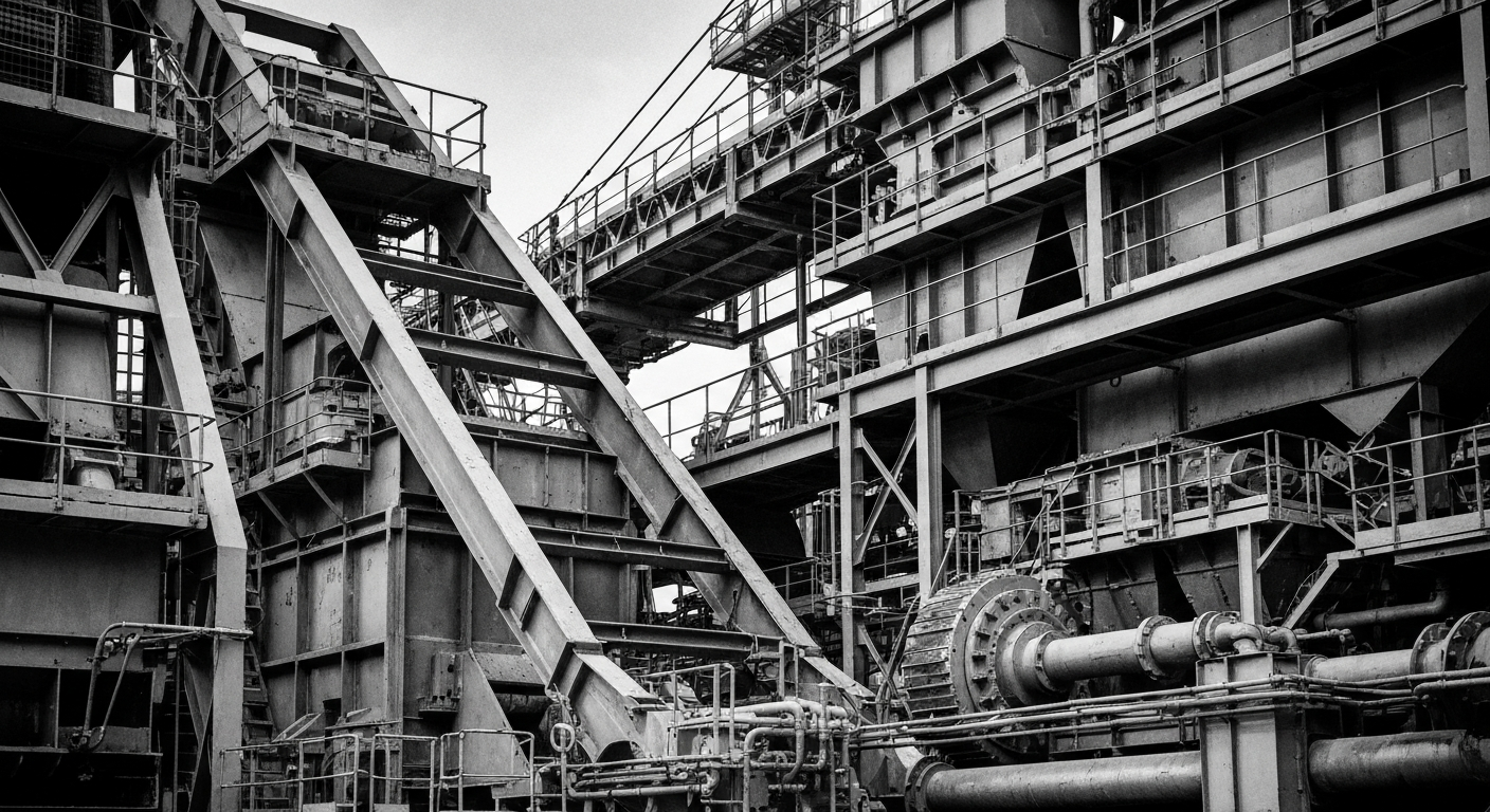 A high-contrast, black-and-white close-up image of large industrial machinery and equipment used in mining and mineral processing, conveying the scale, power, and technical complexity involved in extracting and refining rare earth elements and other critical minerals.