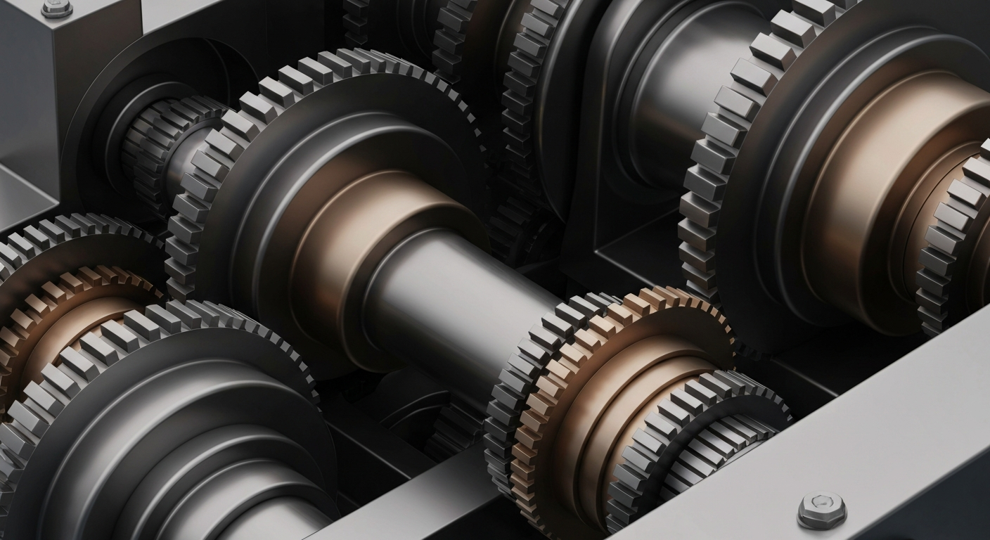 An extreme close-up of heavy, metallic banking and financial machinery, conveying the complex, powerful systems that underpin the global economy.