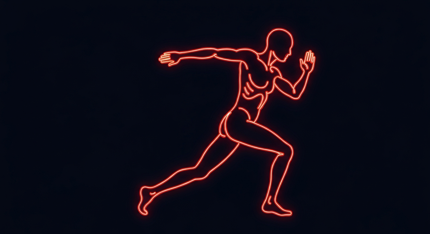 A minimalist design in the style of Keith Haring, with a glowing neon outline of a human figure in an active, dynamic pose against a dark background, conceptually representing the physical fitness and wellness issues facing Louisville and Lexington.
