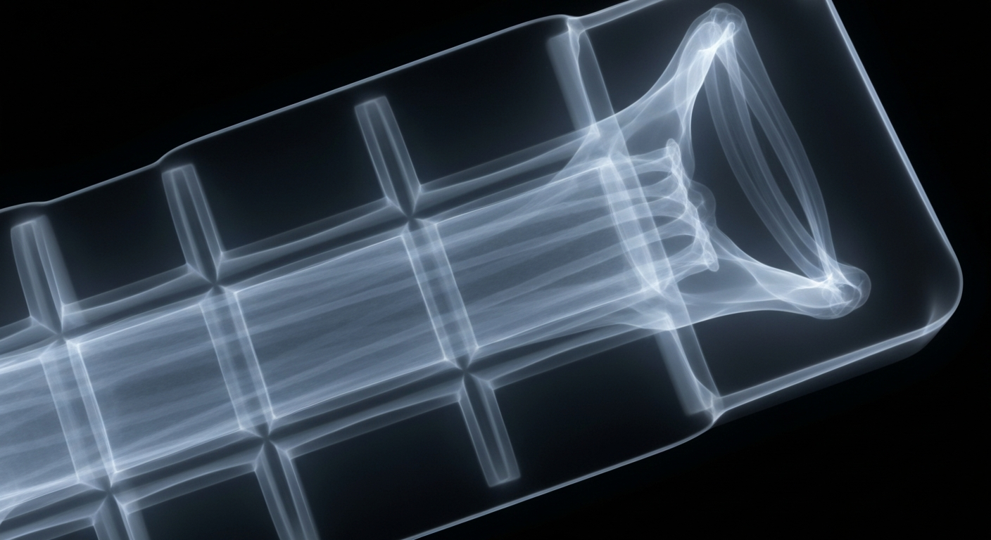 A ghostly, translucent X-ray image revealing the internal structure of a male enhancement chocolate, with glowing lines and shapes against a dark background, conceptually illustrating the hidden dangers of the product.