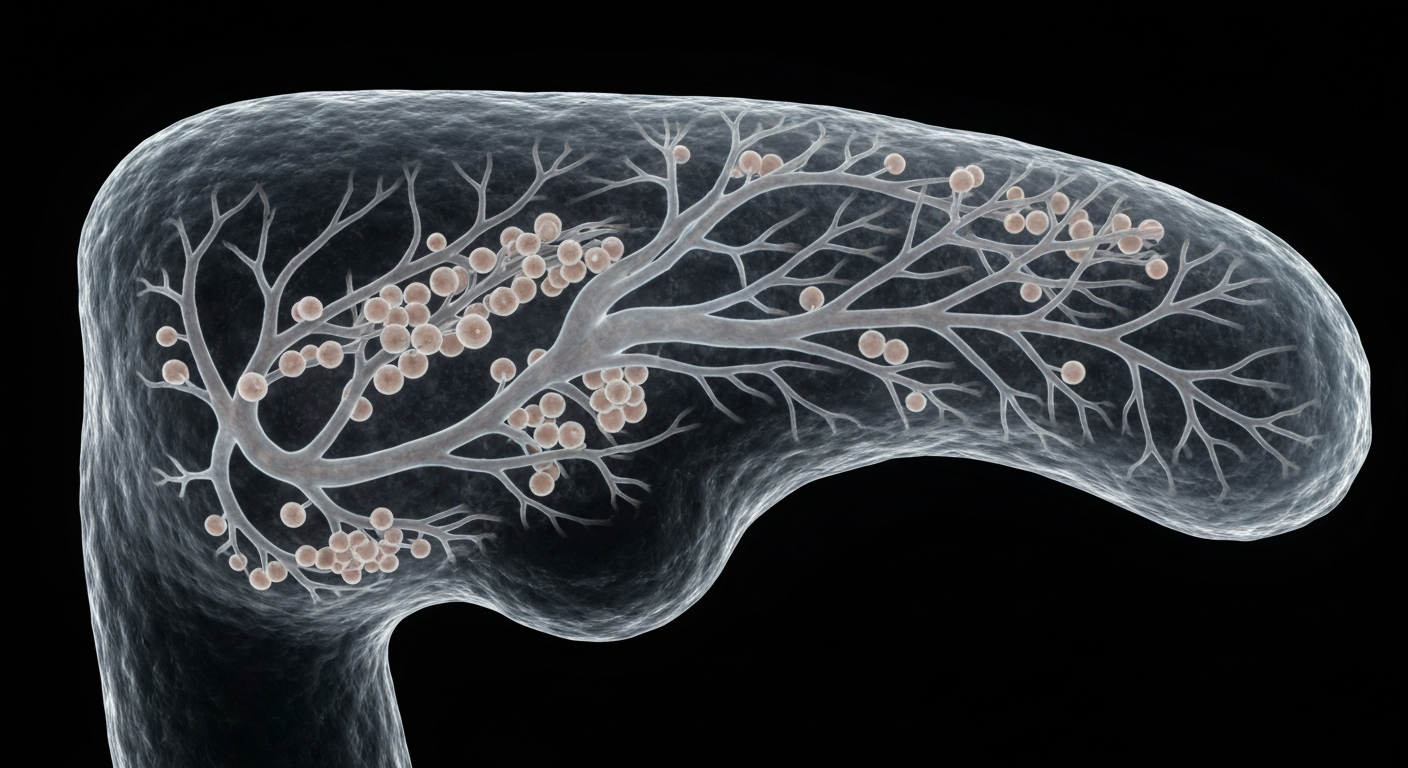 An extreme close-up X-ray image revealing the intricate internal structures of a human pancreas, conceptually illustrating the medical focus of a documentary on type 2 diabetes treatment.