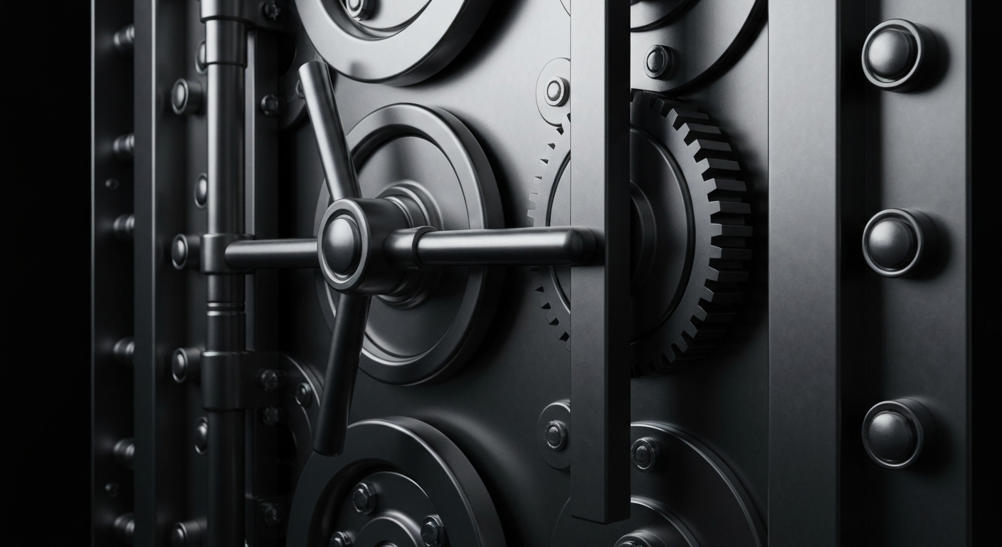 An extreme close-up of a heavy, industrial banking vault door with intricate gears and mechanisms, conveying the secure storage of wealth and financial stability through a conceptual visual metaphor.