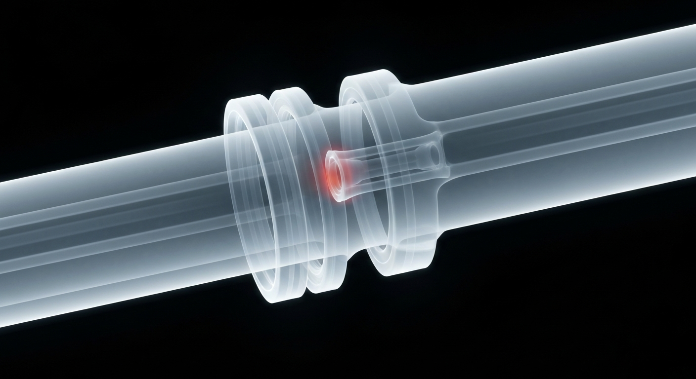 An extreme close-up X-ray photograph revealing the internal structure of a water pipe joint, with ghostly glowing lines highlighting the point of a line break that has caused a boil water notice in the community.