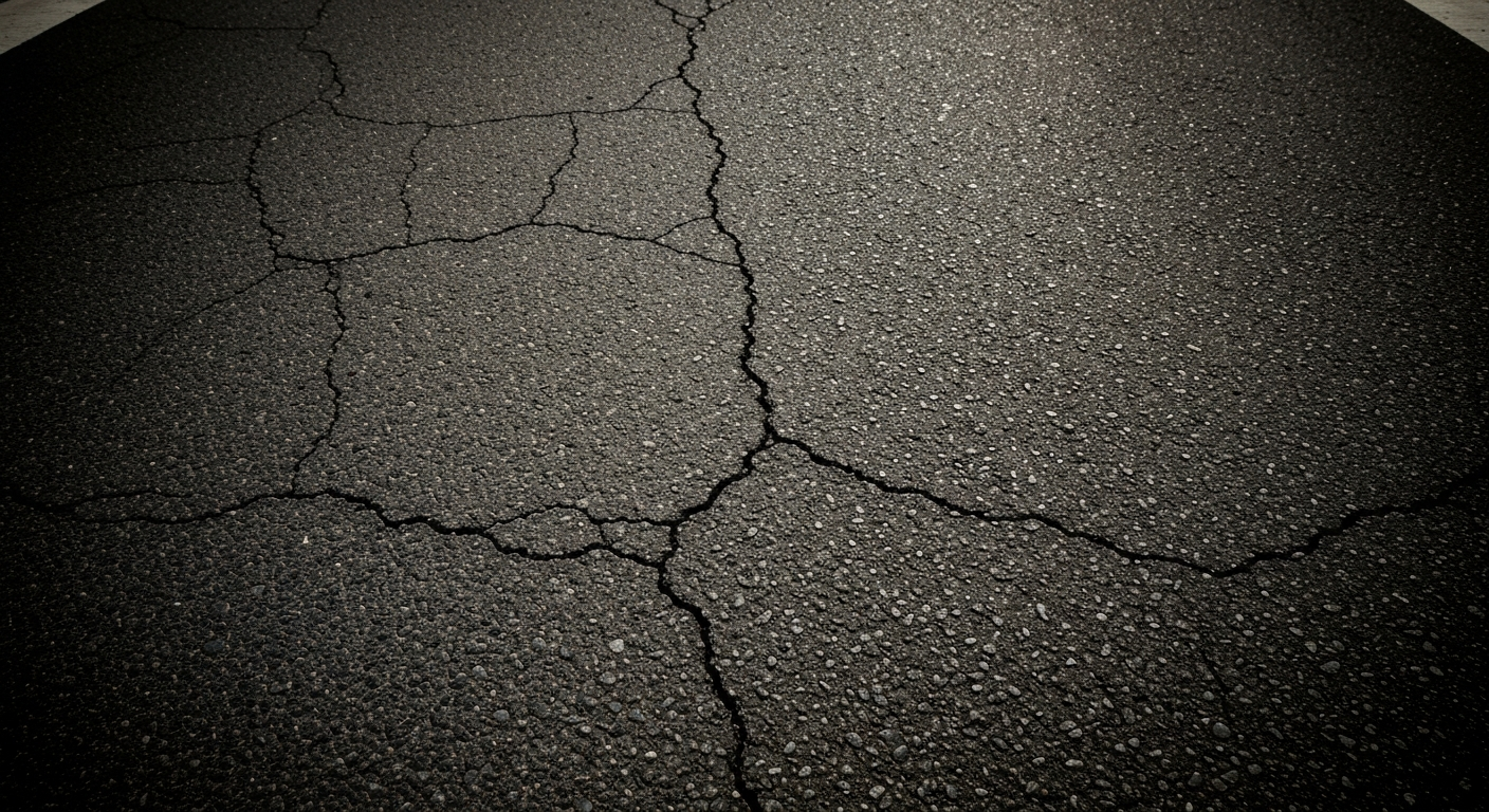 An extreme close-up of the cracked and textured surface of an asphalt road, with dramatic shadows and highlights conveying the worn condition of the pavement in need of repair.