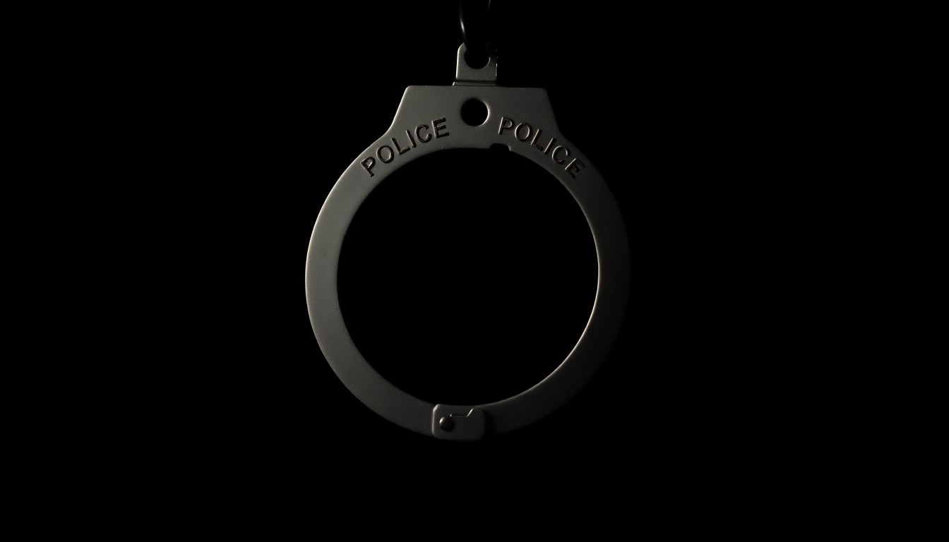 An extreme close-up photograph of a police badge or handcuffs against a pitch-black background, lit by a harsh, direct camera flash, conceptually illustrating the investigation of a law enforcement officer accused of theft.