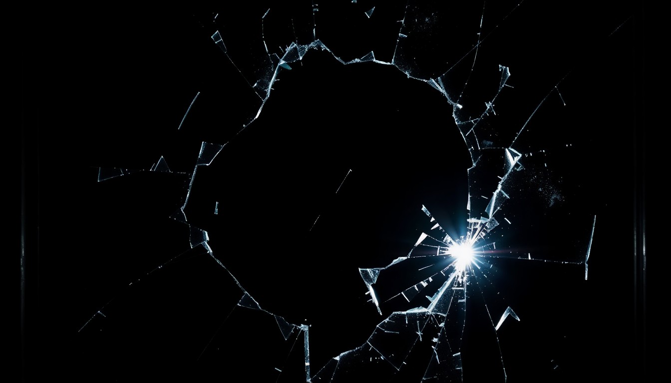 An extreme close-up photograph of a shattered glass window frame, capturing the dramatic texture and material details under harsh, direct lighting, conceptually illustrating the vandalism incident.