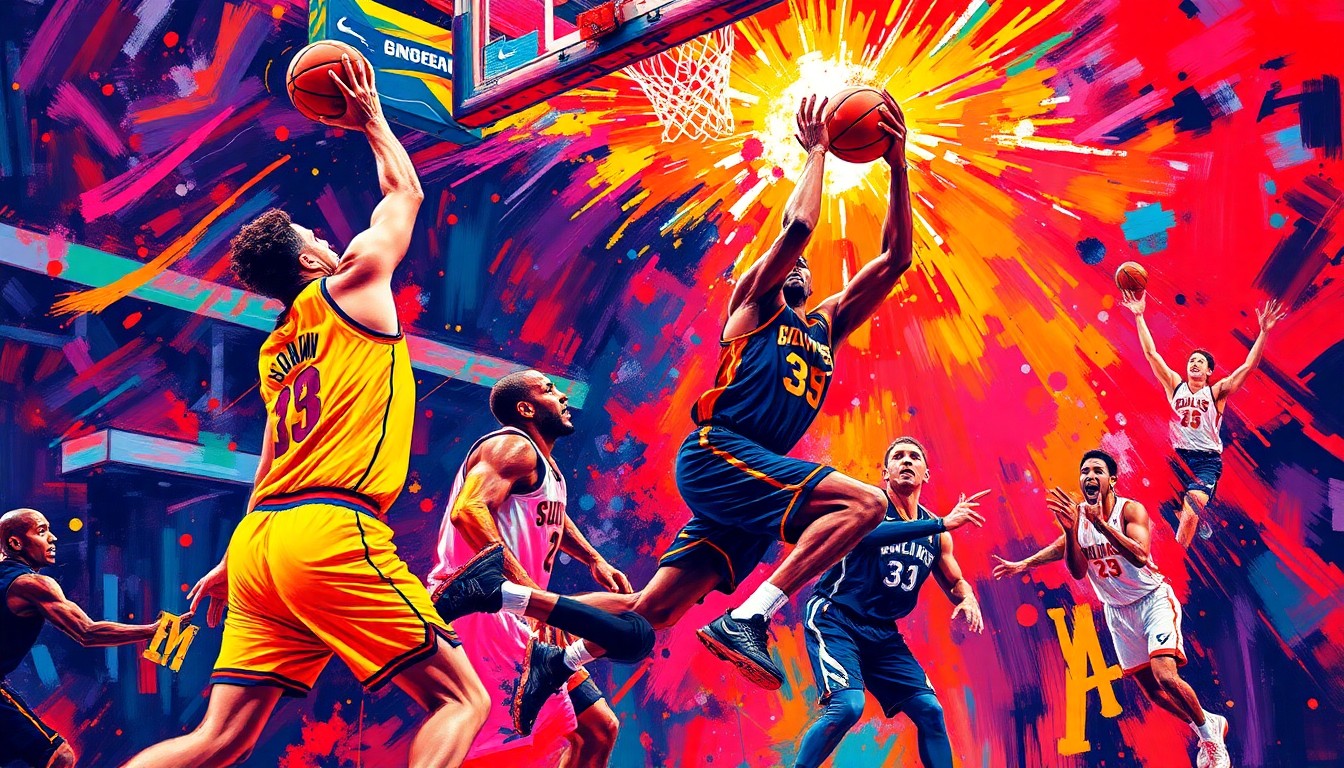 A dynamic, neon-colored abstract painting depicting the fluid, energetic movements of basketball players in action, conceptually representing the Suns' offensive firepower in their win over the Grizzlies.