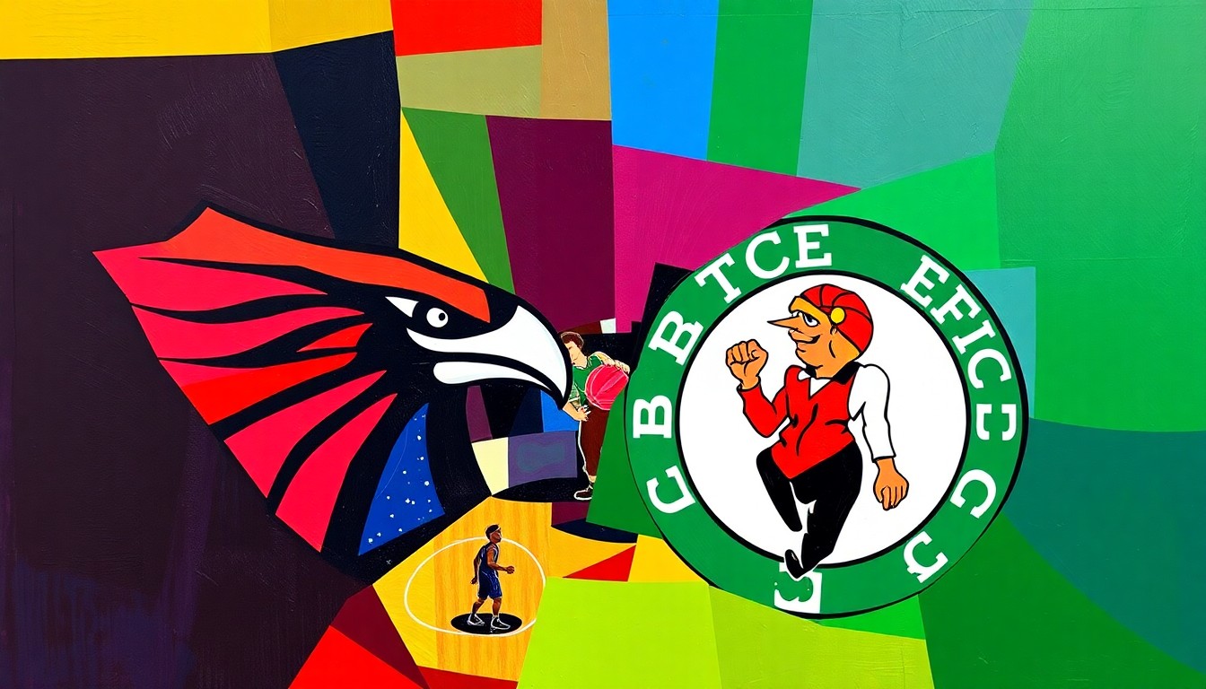 A cubist, geometric painting depicting an abstract basketball game, with overlapping shapes and planes in the official team colors of the Atlanta Hawks and Boston Celtics.