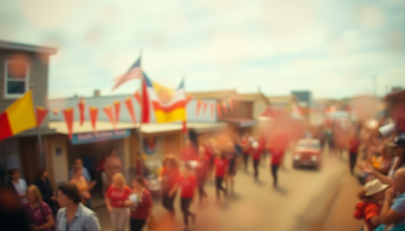 An impressionistic, out-of-focus scene of a lively parade with colorful flags, marching bands, and cheering crowds, conveying the celebratory mood of the Three Oaks Flag Day festivities.