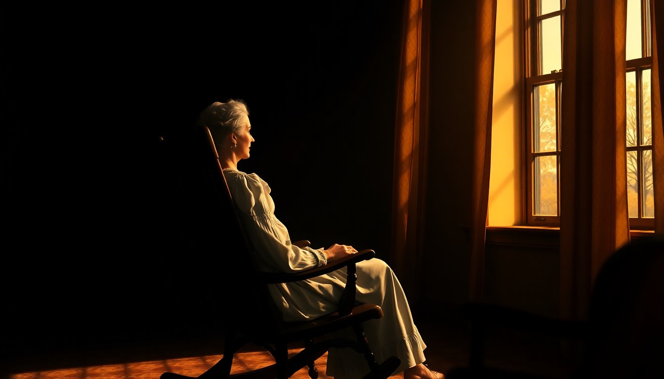 A cinematic painting of Abigail Adams sitting alone in a rocking chair, gazing pensively out a window, with warm light and deep shadows creating a contemplative, nostalgic mood.