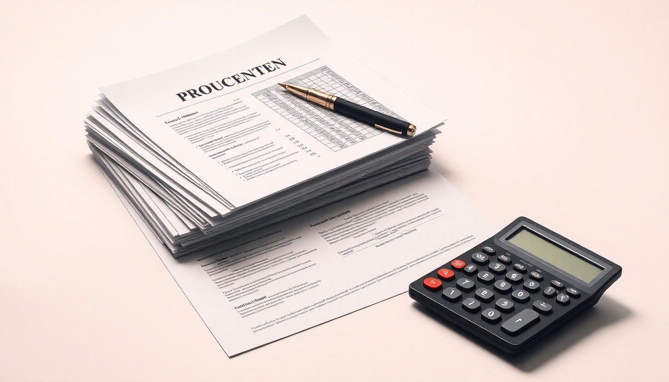 A photorealistic studio still life featuring a stack of financial documents, a pen, and a calculator arranged on a clean, monochromatic background, conceptually representing the abstract concepts of corporate finance, risk, and legal disputes.