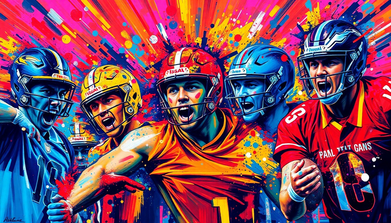 An abstract, energetic painting with vibrant neon brushstrokes and splatters of color, capturing the dynamic motion and intensity of various sports games and events.