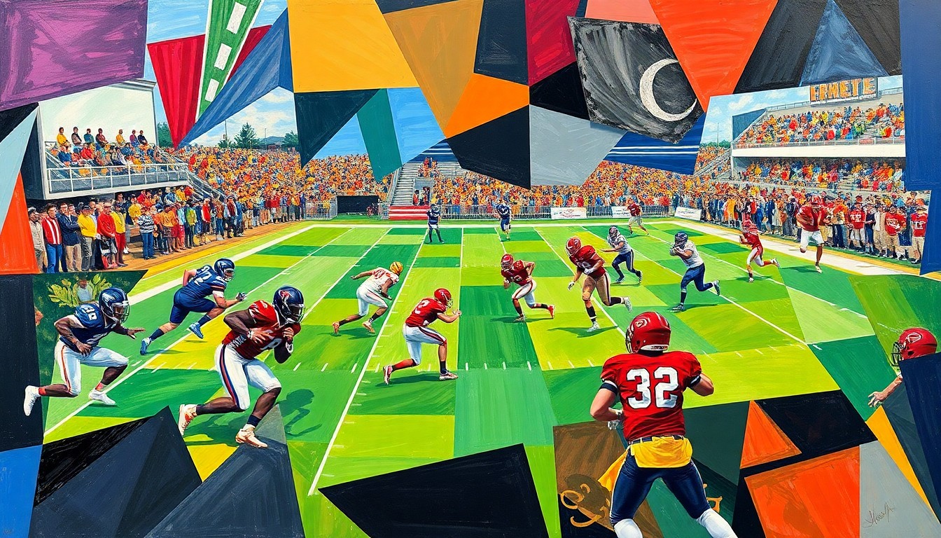 A cubist, geometric painting depicting the motion and energy of a high school football game, with players and the field broken down into sharp, overlapping planes of color.