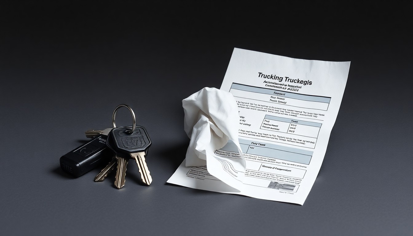 A photorealistic studio still life featuring a set of truck keys, a crumpled truck inspection report, and a tattered truck registration document arranged on a dark grey background, conceptually representing the lack of accountability and oversight that enables unsafe trucking practices.